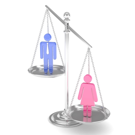 Isolated old fashioned pan scale with man and woman on white background. Gender inequality. Female is heavier. Law issues. Colorful model. 3D rendering.の写真素材
