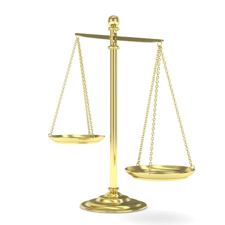 Isolated golden scales on white background. Symbol of judgement. Law, measurement, liberty in one concept. 3D rendering.の写真素材