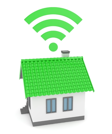 Wifi house on white background. Wireless technology. Internet, phone and radio signal. Network. 3D renderingの写真素材