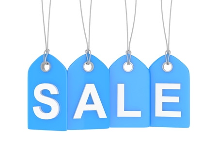 Blue isolated sale labels on white background. 3D rendering.の写真素材