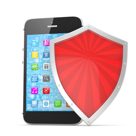 Smartphone and shield on white, security concept. 3d rendering.の写真素材