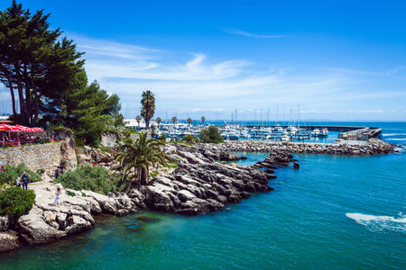A vibrant marina with numerous sailboats docked along the pier, surrounded by rocky shores, lush...