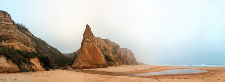 A breathtaking, misty coastal scene featuring a dramatic, towering rock formation on a sandy beach, evoking a sense of solitude and natural grandeurの写真素材