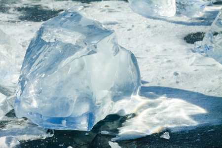 pieces of ice on the Baikal lake in winter by day