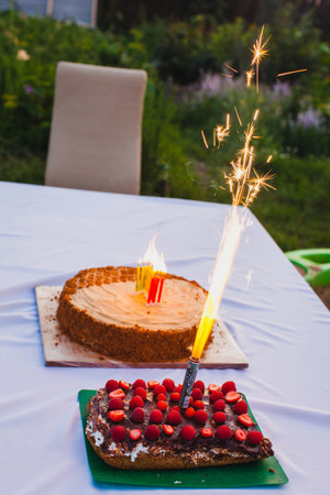 This photograph captures a homemade cake with a honeycomb-like design on half of the cake, made using golden brown crumbs to mimic the pattern. The other half of the cake is covered with smooth beige frosting, giving a clean and elegant appearance.の写真素材