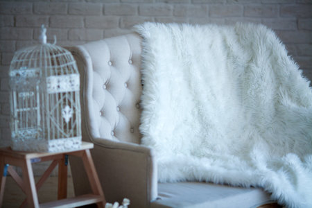 a bird cage standing at a sofa with a plaid on itの写真素材