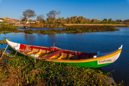 A colorful wooden rowboat rests on the grassy bank of a calm lake under a clear blue skyの写真素材