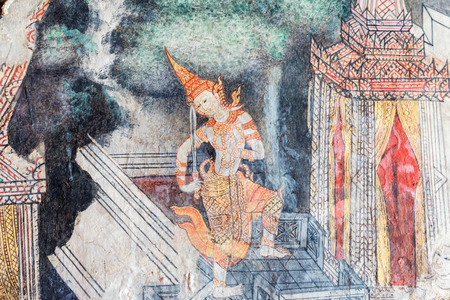 Ancient thai mural painting inside Wat kamphaeng phasicharoenのeditorial素材