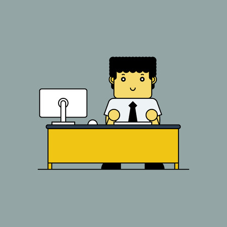 Cute administrative worker with computer. Cartoon vector illustration.のイラスト素材