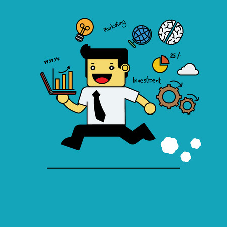 Running businessman holding notebook with marketing icons.のイラスト素材