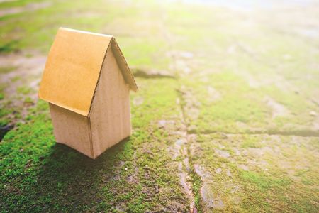 Cardboard House on Moss Ground in Vintage Style with Light Leak.の写真素材