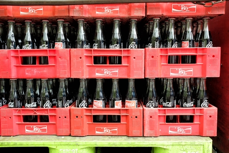 Coca Cola Bottles on Truck, Coca-Cola is a carbonated soft-drink. It is produced by The Coca-Cola Company.のeditorial素材