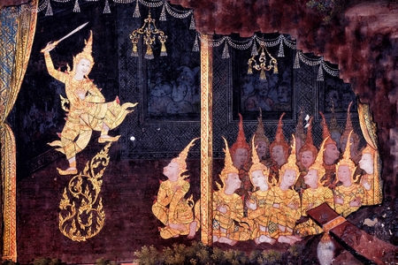 Ancient Thai Mural Painting inside Church at Wat Arun Temple, Bangkok Thailand.のeditorial素材