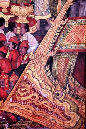 Ancient Thai Mural Painting inside Church at Wat Arun Temple, Bangkok Thailand.のeditorial素材