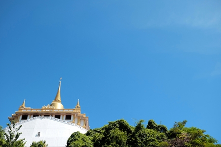 Temple of the Golden Mount on Blue Sky Background, Landmark of Bangkok Thailand.の写真素材