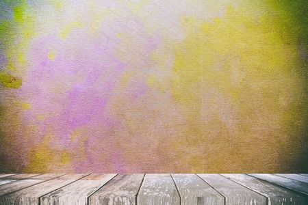 Empty Wooden Table with Grunge Golden Painting on Canvas Background. Background, Suitable for...
