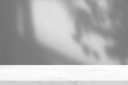 Marble Table with Leaves Shadow on Stucco Wall Texture Background, Suitable for Product Presentation Backdrop, Display, and Mock up.の写真素材