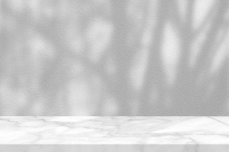 White Marble Table with Tree Branches Shadow on Concrete Wall Texture Background, Suitable for Product Presentation Backdrop, Display, and Mock up.の写真素材