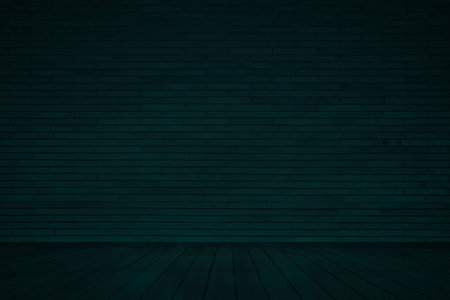 Dark Brick Room with Wooden Floor Background, Suitable for Presentation, Mockup, and Backdrop.の写真素材
