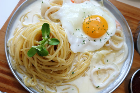Close up Spaghetti Seafood Cream.の写真素材