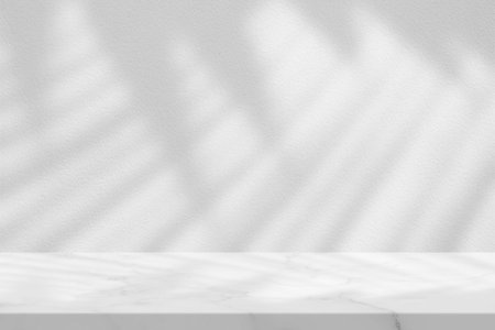 White Marble Table with Palm Leaves Shadow on Wall Texture Background, Suitable for Product Presentation Backdrop, Display, and Mock up.の写真素材