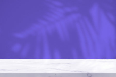 Marble Table with Coconut Leaves Shadow on Medium Slate Blue Wall Texture Background, Suitable for Product Presentation Backdrop, Display, and Mock up, Summer Concept.の写真素材