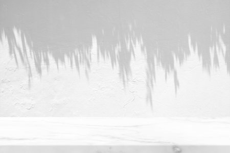 Marble Table with Hanging Leaves Shadow on Stucco Wall Texture Background, Suitable for Product Presentation Backdrop, Display, and Mock up.の写真素材