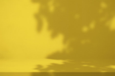 Gold Stucco Table with Nature Shadow on Concrete Wall Texture Background, Suitable for Cosmetic Product Presentation Backdrop, Display, and Mock up.の写真素材