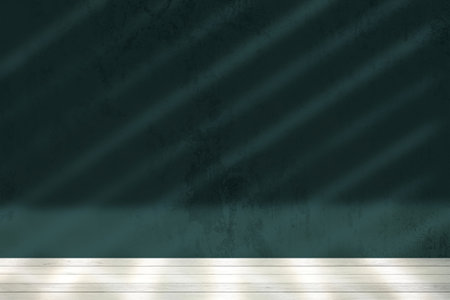 White Wood Floor with Light Beam on Tidewater Green Color Grunge Wall Texture Background, Suitable for Product Presentation Backdrop, Display, and Mock up.の写真素材