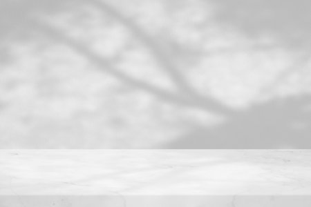White Marble Table with Tree Shadow in the Garden on Concrete Wall Texture Background, Suitable for Product Presentation Backdrop, Display, and Mock up.の写真素材
