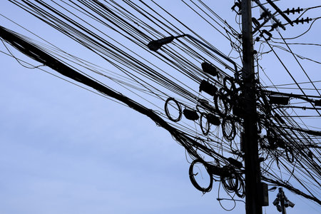 Messy Telecom Wiring in Bangkok.の写真素材