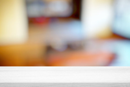 White Wood Table with Blurred Japanese Room Background.の写真素材