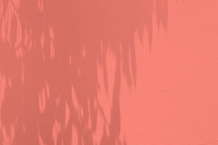 Stucco Wall with Leaves Shadow on Surface in Burnt Coral  Tone, Suitable for Product Presentation...