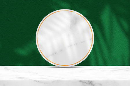 White Marble Table and Circle Partition and  Gold Edge with Coconut Leaf Shadow on Green Concrete Wall Texture Background, Suitable for Cosmetic Product Presentation Backdrop, Display, and Mock up.の写真素材