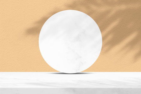 White Marble Table and Circle Marble Partition with Coconut Leaf Shadow on Brave Ground Brown Concrete Wall Texture Background, Suitable for Cosmetic Product Presentation Backdrop, Display, and Mock up.の写真素材