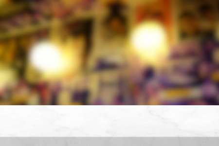 White Marble Table with Blurred Traditional Japanese Restaurant Background.