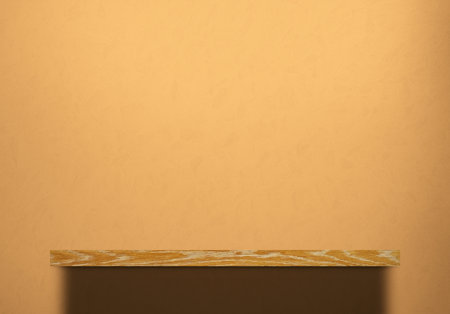 Wooden Bookshelf over Marigold Concrete Wall Background with Spotlight on the Surface, Suitable for Product Presentation Backdrop, Display, and Mock up.の写真素材