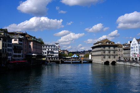 Scenery of Zurich at Limmat River where is a Famous Landmark of Switzerland.の写真素材