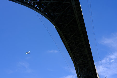 Scenery of Bottom View of KornhausbrÃ¼cke and Airplane on Blue Sky at Bern where is a Famous Landmark of Switzerland.の写真素材