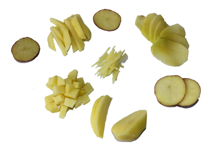 sliced potatoes isolated on white backgroundの写真素材
