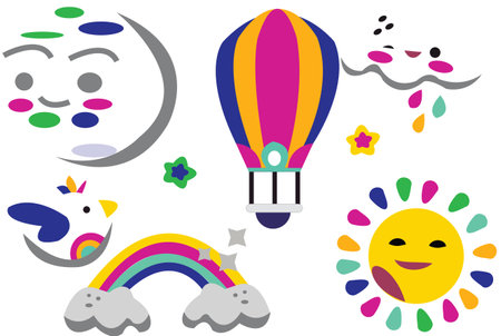 Illustration of a set of colorful hot air balloons and sunsのイラスト素材