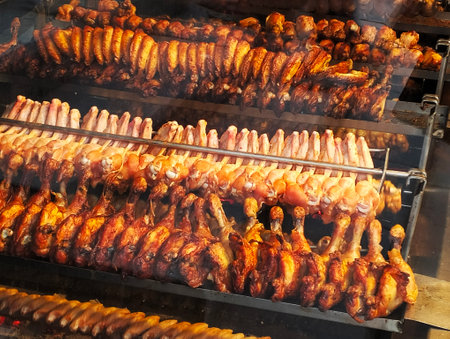 Grilled chicken meat on a spit in a street food market.の写真素材