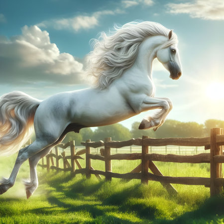 White horse running on green meadow at sunset. AI generatedの素材