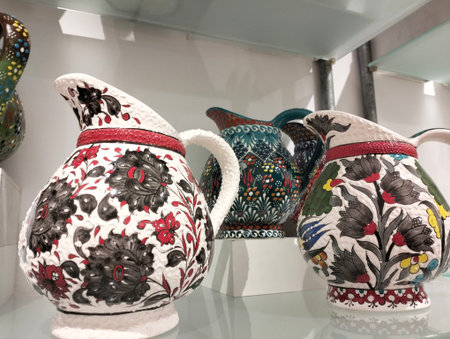 Colorful ceramic pottery on display at a shop in Lisbon, Portugal