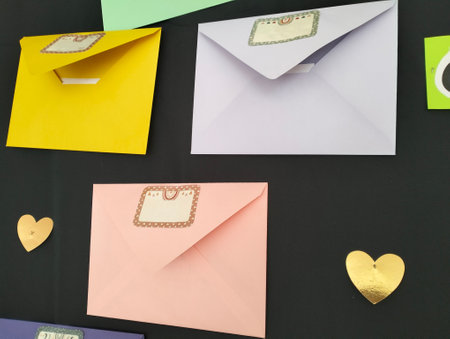 Envelopes and hearts on a black background. Valentine's Dayの写真素材