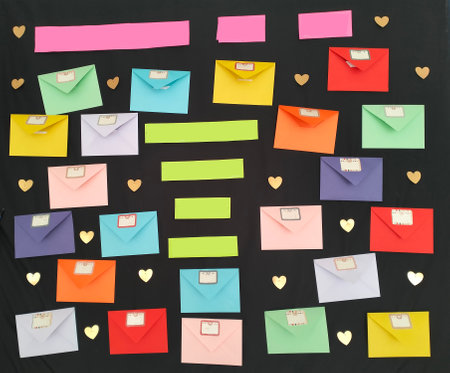 Colorful envelopes on black background with hearts. Valentines day conceptの写真素材