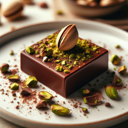 Delicious chocolate with pistachios and cocoa powder on plate, closeupの素材