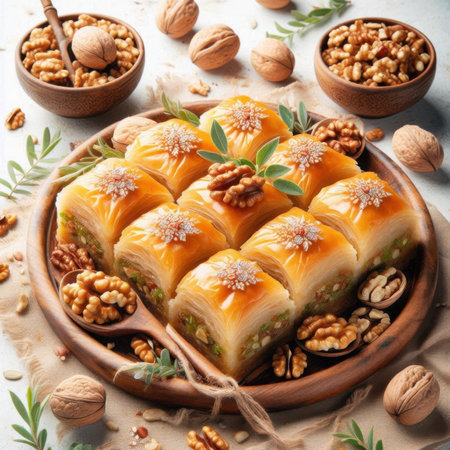 Traditional turkish dessert baklava with cashew, walnuts. toning. selective focusの素材
