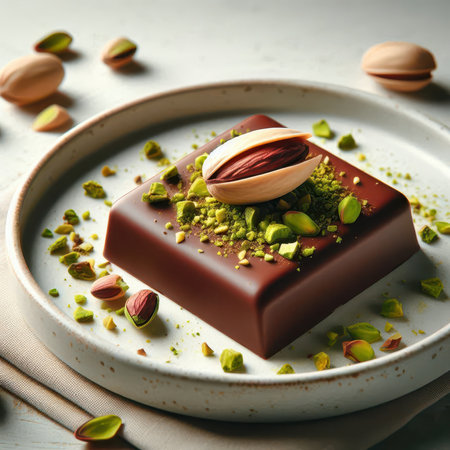 Delicious chocolate candies with pistachios on plate, closeupの素材