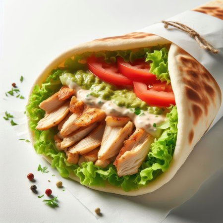 Tortilla wrap with chicken and vegetables on white background, closeupの素材